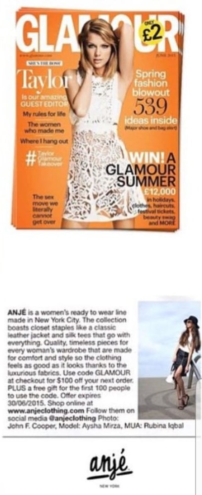 Glamour UK June 2015 cover and Anjé feature crediting Rubina Iqbal as makeup artist